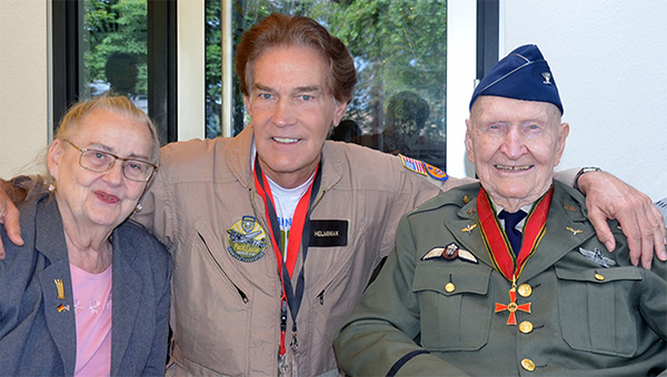Jon with Col. Halvorsen and Mercedes Wild, one of the Berlin children who received candy dropped <br>
by Col. Halvorsen from his Douglas C-54 aircraft during the Berlin airlift in 1948-1949.